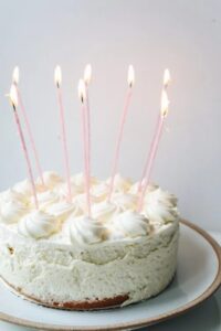 photo of white cake with candles on top