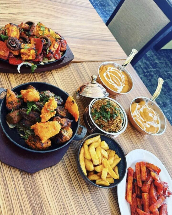 Selection of Indian dishes at Wolverhampton Adventure Golf including balti, biryani, chips and grilled meats