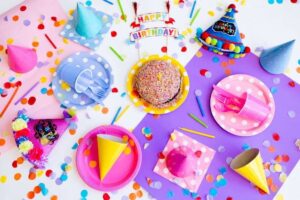 Colourful decorations laid out for a children's birthday party