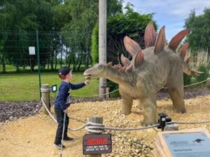 Child pointing at life-sized animatronic dinosaur